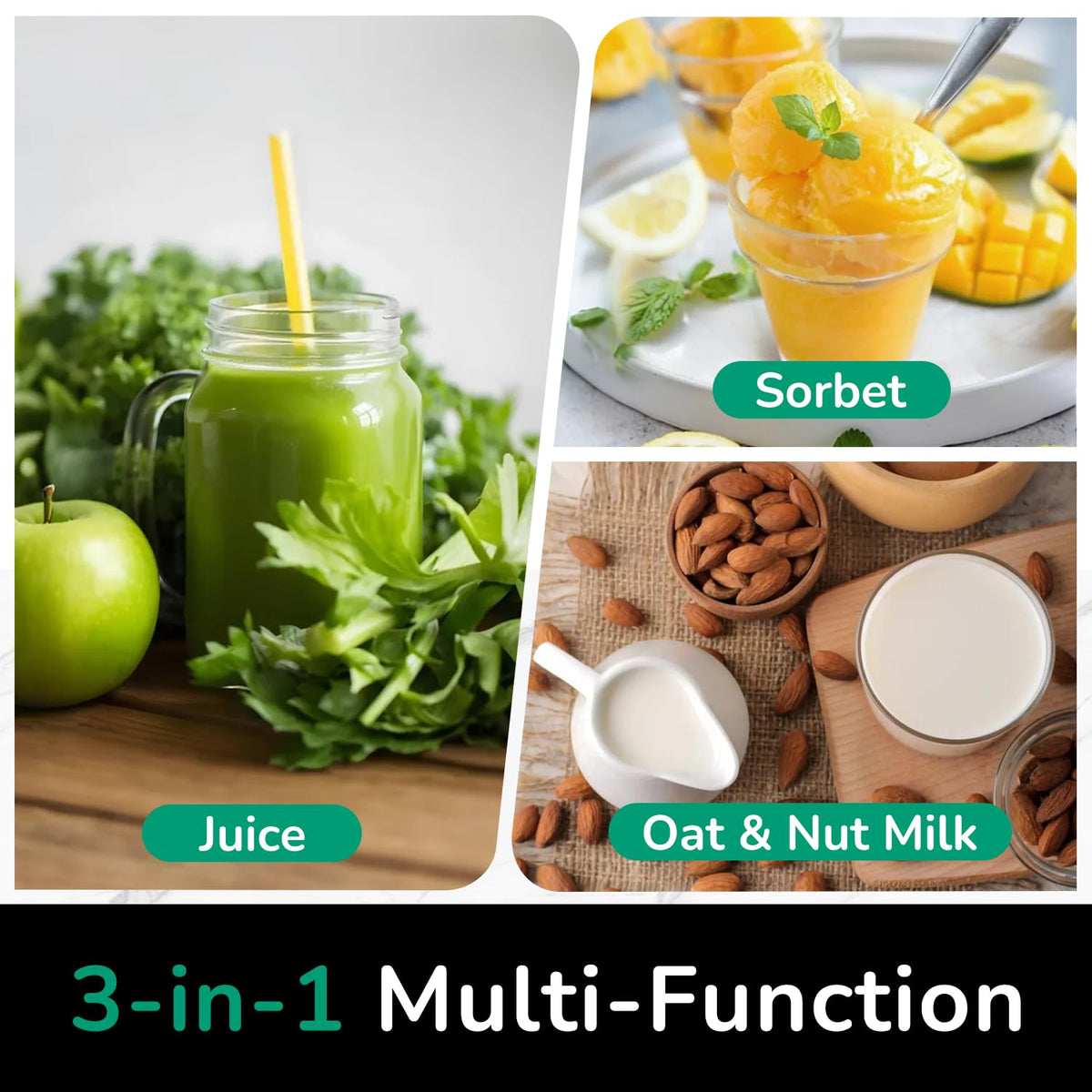 Premium 3-in-1 Cold Press Juicer | 6" Wide Feed Chute • Self-Precut • Brushless Motor • BPA-Free