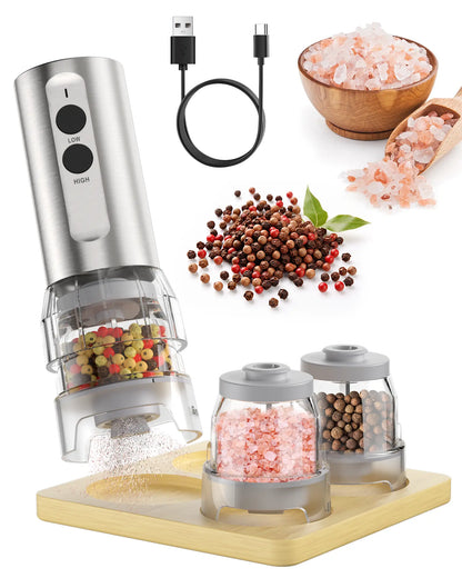Electric Salt and Pepper Grinder Set, 2026 New Upgrade, USB Rechargeable Automatic Pepper Mill, 3 Large Capacity Quick-Switch Silos, Adjustable Coarseness, Stainless Steel BBQ Grill Kitchen Gadget with LED Light summerwins