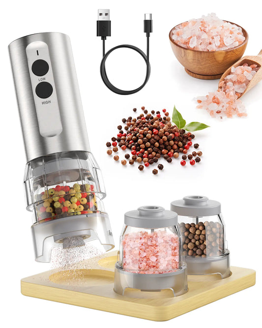 Electric Salt and Pepper Grinder Set, 2026 New Upgrade, USB Rechargeable Automatic Pepper Mill, 3 Large Capacity Quick-Switch Silos, Adjustable Coarseness, Stainless Steel BBQ Grill Kitchen Gadget with LED Light summerwins