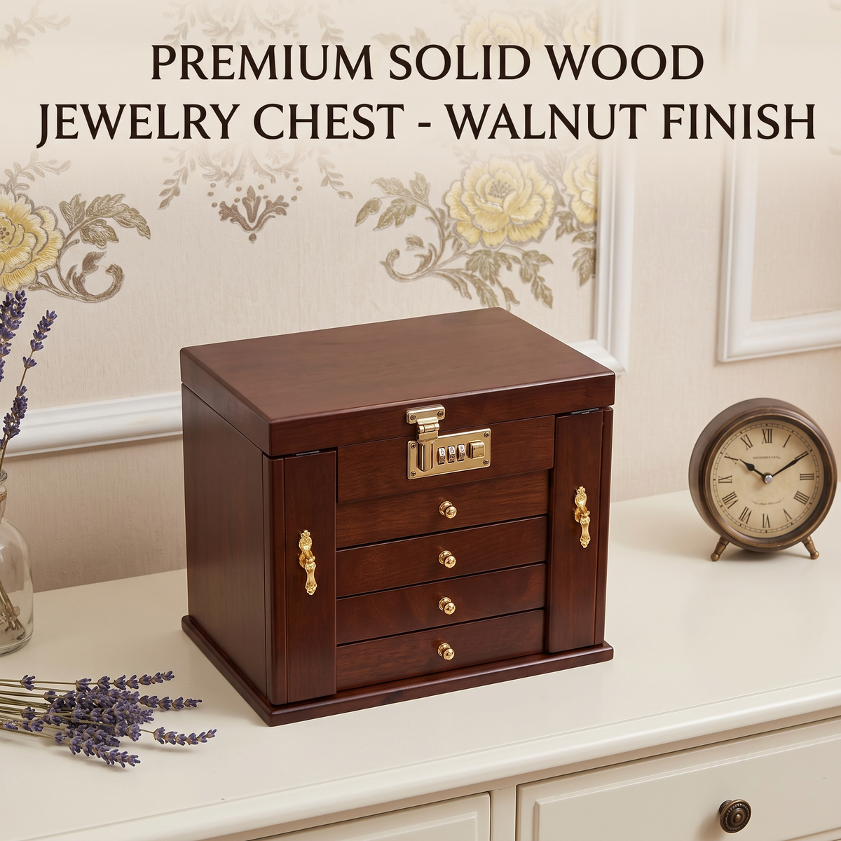 [LIMITED GIFT] Solid Walnut 5-Tier Jewellery Organizer | Premium Wood • Built-in Mirror • Combination Lock