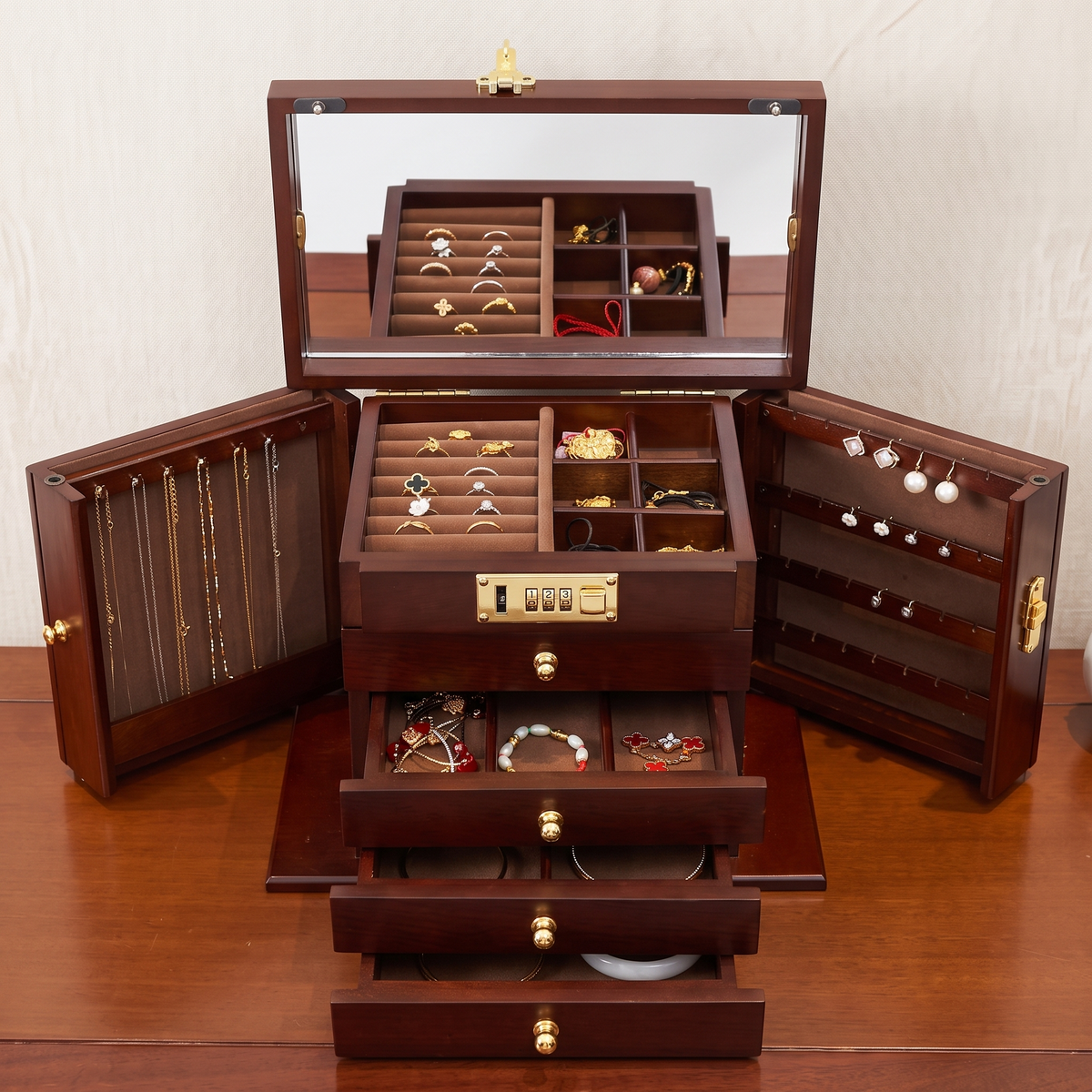 [LIMITED GIFT] Solid Walnut 5-Tier Jewellery Organizer | Premium Wood • Built-in Mirror • Combination Lock