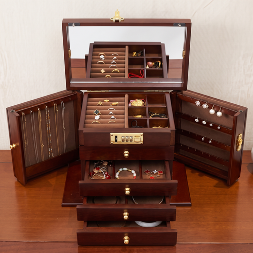 [LIMITED GIFT] Solid Walnut 5-Tier Jewellery Organizer | Premium Wood • Built-in Mirror • Combination Lock