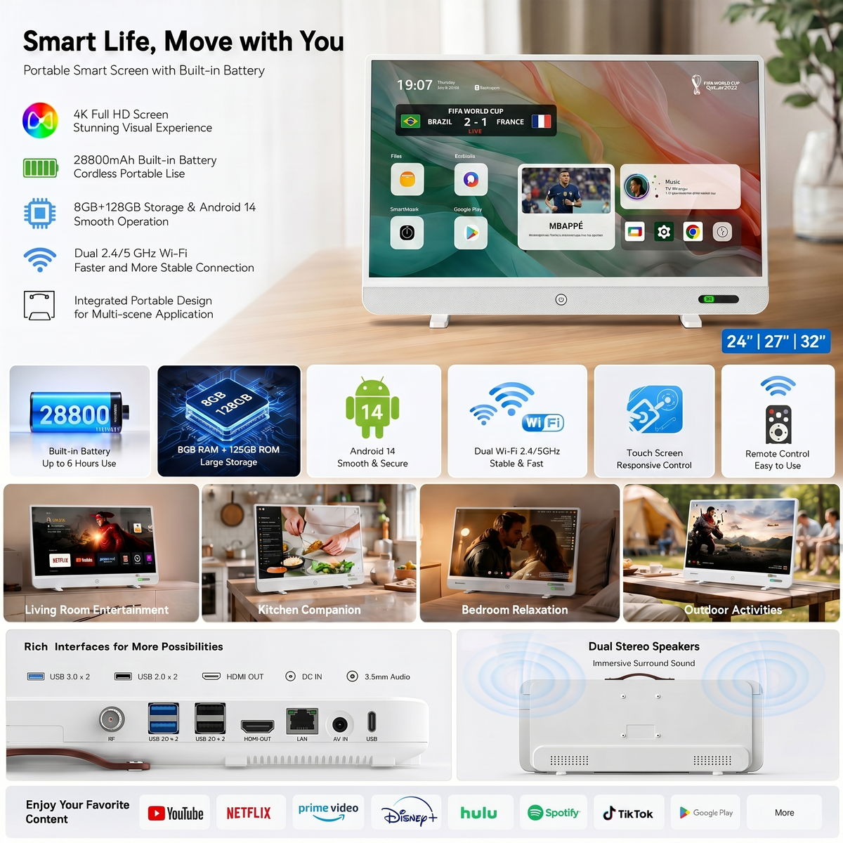 🎉 (CLEARANCE SALE) 🎉 Smart Portable 4K Touchscreen TV + FREE Rolling Stand | Watch, Stream & Sing Anywhere