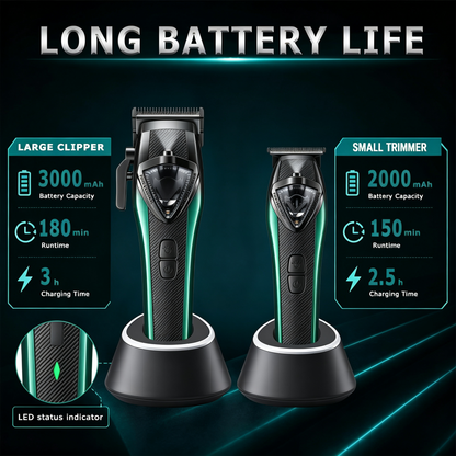 Professional Men Hair Clipper & Trimmer Kit | 11000RPM, Long‑Lasting Battery, Charging Base, Travel Case, DLC & Stainless Steel Blades