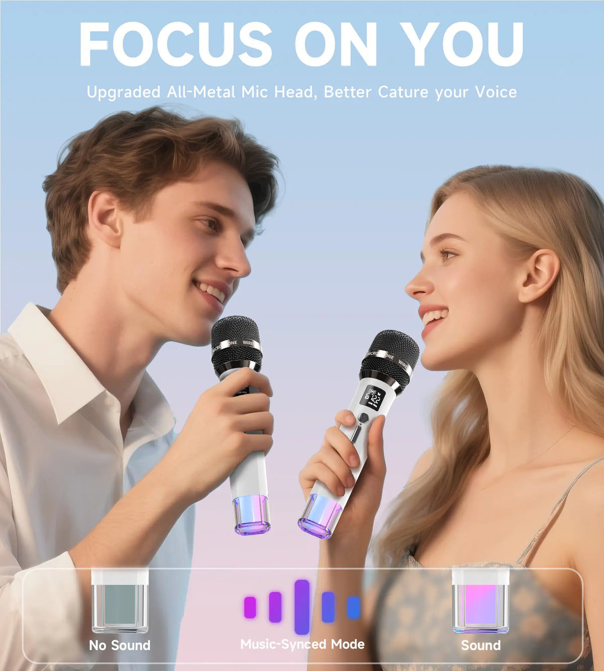 Wireless Dual Microphones with LED Lights, 200 ft Transmission Range