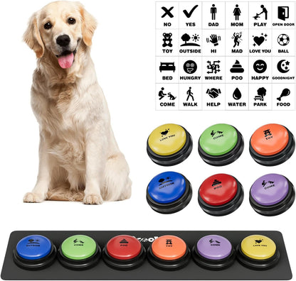 Dog Buttons for Communication, 9 Pcs Recordable Talking Button Set with 30s Voice, Pet Training Buzzer Kit for Dogs and Cats, Waterproof Anti-Slip Mat, 48 Scene Stickers for Outside/Food/Play