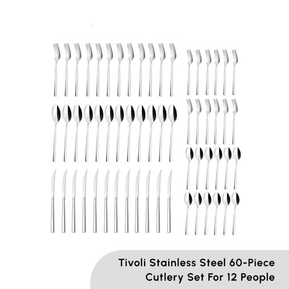 Tivoli 60 Pieces Cutlery Set for 12 Person - Forks, Spoon, Knives Silverware Sets - Modern Silver Flatware - Stainless Steel Kitchen Utensils Tableware Set - Dishwasher Safe