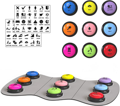 Dog Buttons for Communication, 9 Pcs Recordable Talking Button Set with 30s Voice, Pet Training Buzzer Kit for Dogs and Cats, Waterproof Anti-Slip Mat, 48 Scene Stickers for Outside/Food/Play