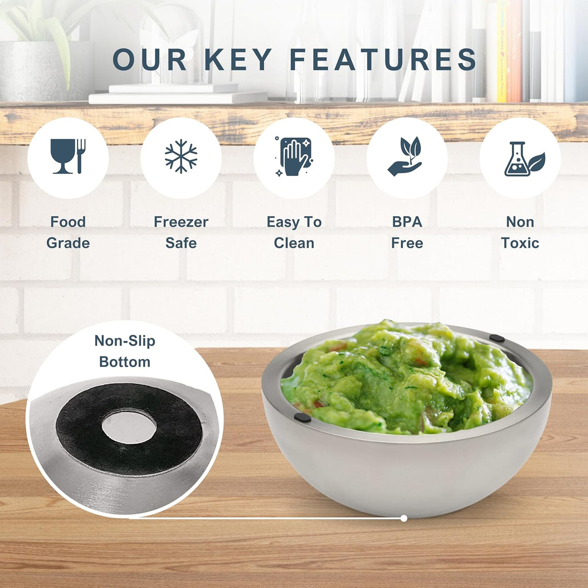 Chiller Bowl - 35oz Capacity - Frozen Ice Stainless Steel Party Serving Bowl - Insulated Dip Dish Platter Keeps Salsa, Guacamole, Condiments, Sauces, Salad & Food Hot or Cold (1 Bowl)
