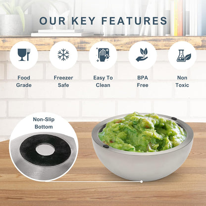Chiller Bowl - 35oz Capacity - Frozen Ice Stainless Steel Party Serving Bowl - Insulated Dip Dish Platter Keeps Salsa, Guacamole, Condiments, Sauces, Salad & Food Hot or Cold (1 Bowl)
