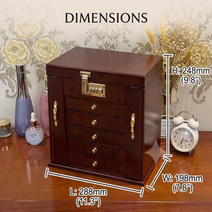 [LIMITED GIFT] Solid Walnut 5-Tier Jewellery Organizer | Premium Wood • Built-in Mirror • Combination Lock
