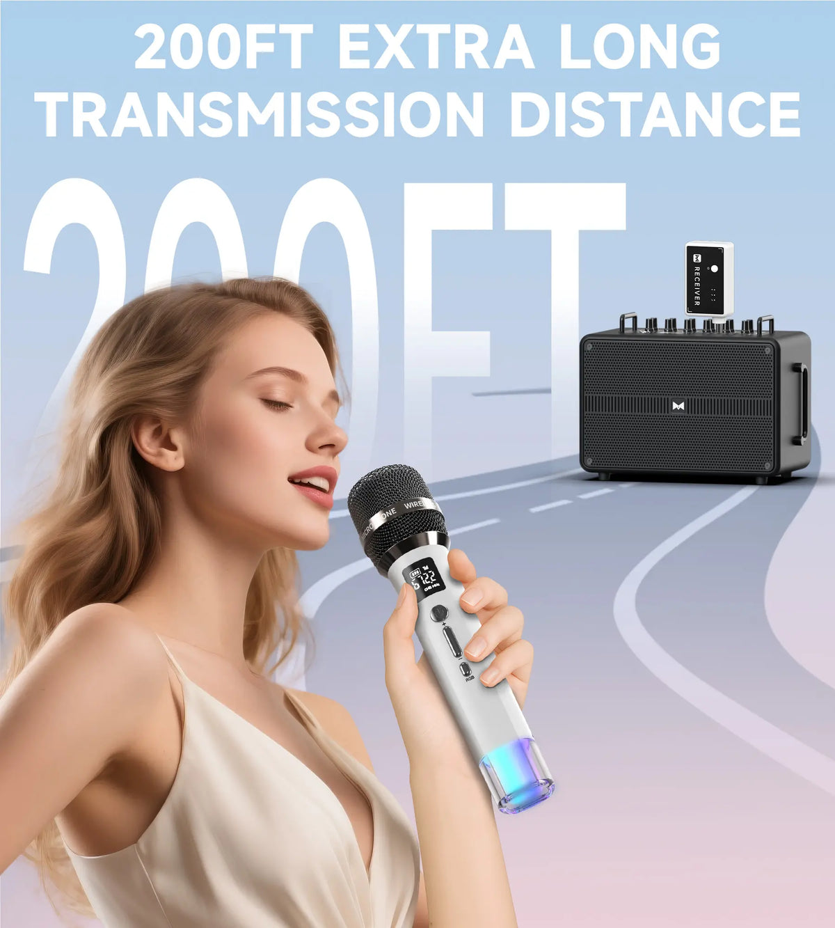 Wireless Dual Microphones with LED Lights, 200 ft Transmission Range