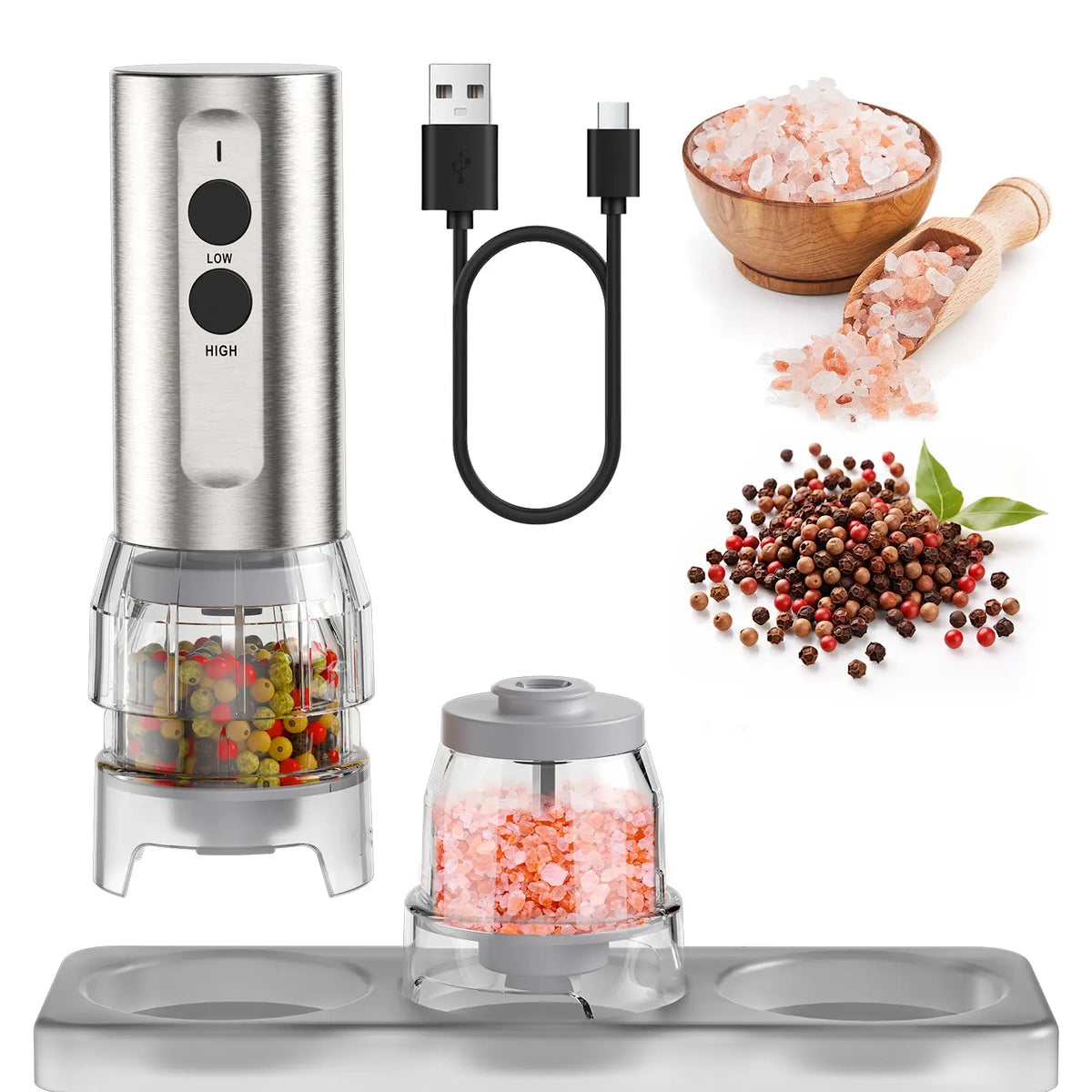 Electric Salt and Pepper Grinder Set, 2026 New Upgrade, USB Rechargeable Automatic Pepper Mill, 3 Large Capacity Quick-Switch Silos, Adjustable Coarseness, Stainless Steel BBQ Grill Kitchen Gadget with LED Light summerwins