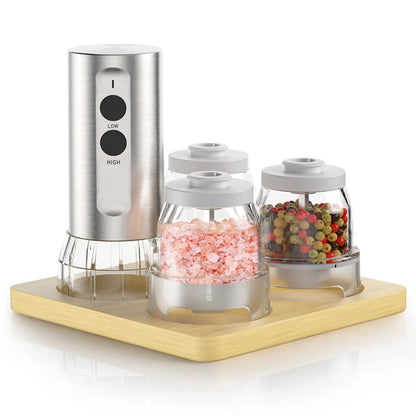 Electric Salt and Pepper Grinder Set, 2026 New Upgrade, USB Rechargeable Automatic Pepper Mill, 3 Large Capacity Quick-Switch Silos, Adjustable Coarseness, Stainless Steel BBQ Grill Kitchen Gadget with LED Light summerwins