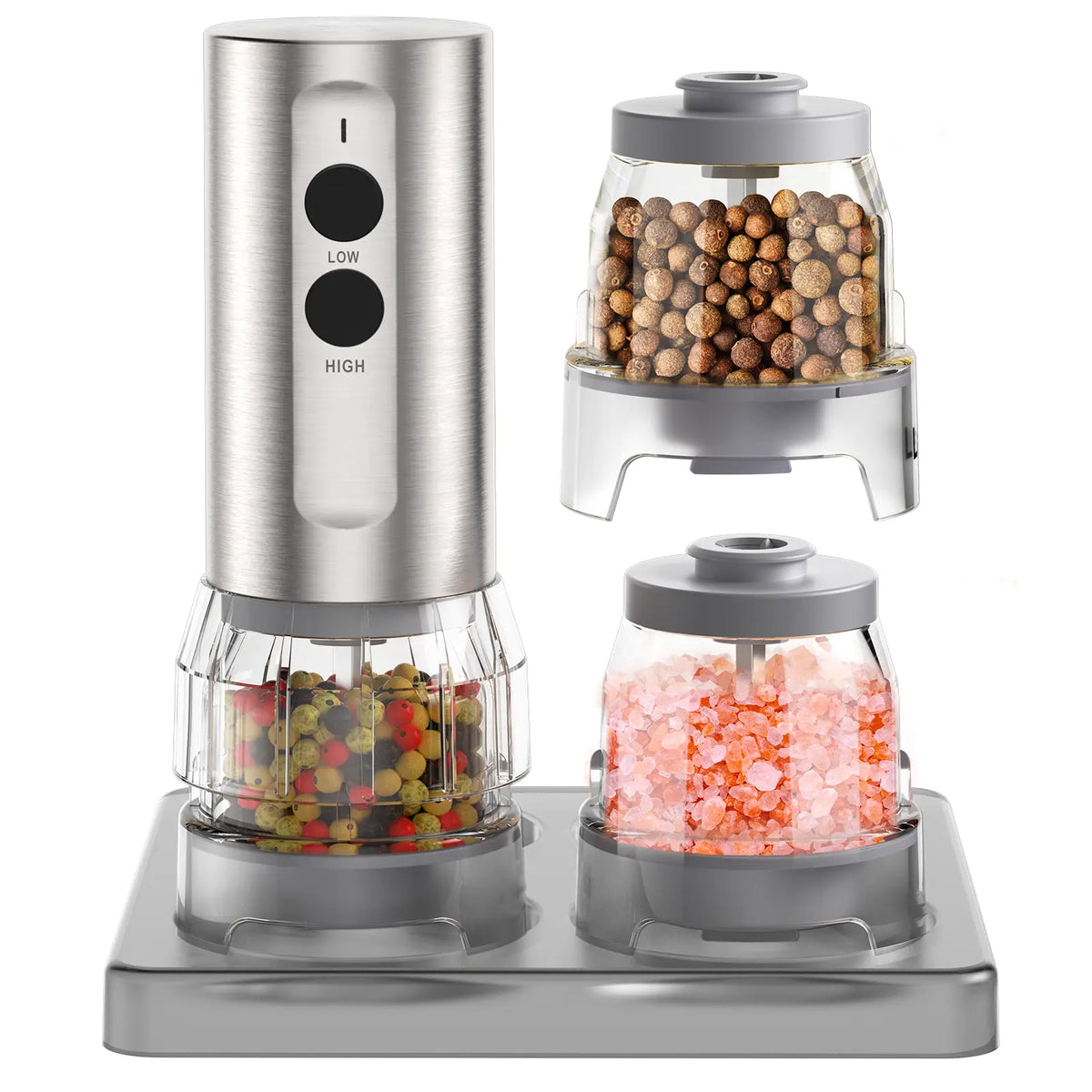 Electric Salt and Pepper Grinder Set, 2026 New Upgrade, USB Rechargeable Automatic Pepper Mill, 3 Large Capacity Quick-Switch Silos, Adjustable Coarseness, Stainless Steel BBQ Grill Kitchen Gadget with LED Light summerwins