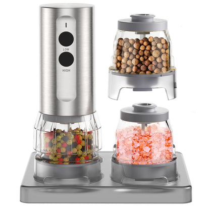Electric Salt and Pepper Grinder Set, 2026 New Upgrade, USB Rechargeable Automatic Pepper Mill, 3 Large Capacity Quick-Switch Silos, Adjustable Coarseness, Stainless Steel BBQ Grill Kitchen Gadget with LED Light summerwins