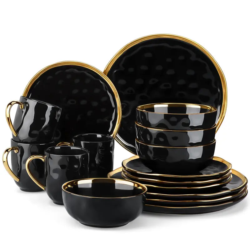 [LIMITED GIFT]16‑Piece Gold‑Rim Porcelain Dinner Set for 4, White Black Green Tableware
