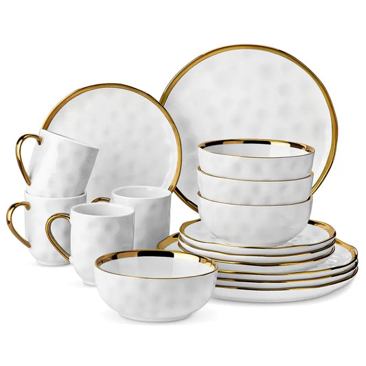 [LIMITED GIFT]16‑Piece Gold‑Rim Porcelain Dinner Set for 4, White Black Green Tableware