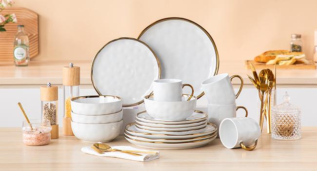 [LIMITED GIFT]16‑Piece Gold‑Rim Porcelain Dinner Set for 4, White Black Green Tableware