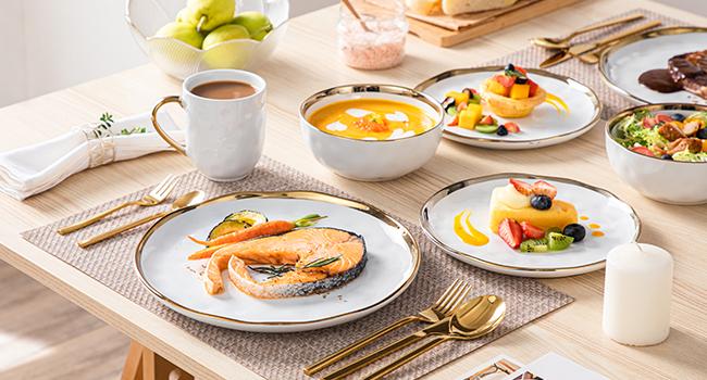 [LIMITED GIFT]16‑Piece Gold‑Rim Porcelain Dinner Set for 4, White Black Green Tableware