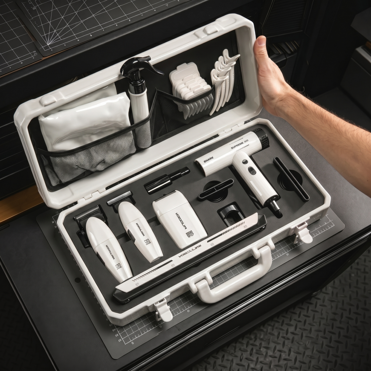 Professional Men Hair Clipper & Trimmer Kit | 11000RPM, Long‑Lasting Battery, Charging Base, Travel Case, DLC & Stainless Steel Blades