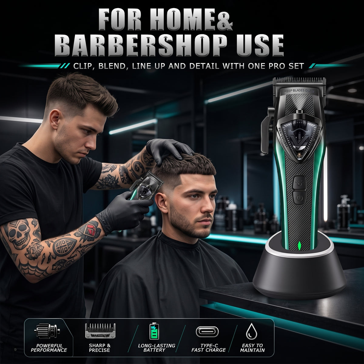 Professional Men Hair Clipper & Trimmer Kit | 11000RPM, Long‑Lasting Battery, Charging Base, Travel Case, DLC & Stainless Steel Blades