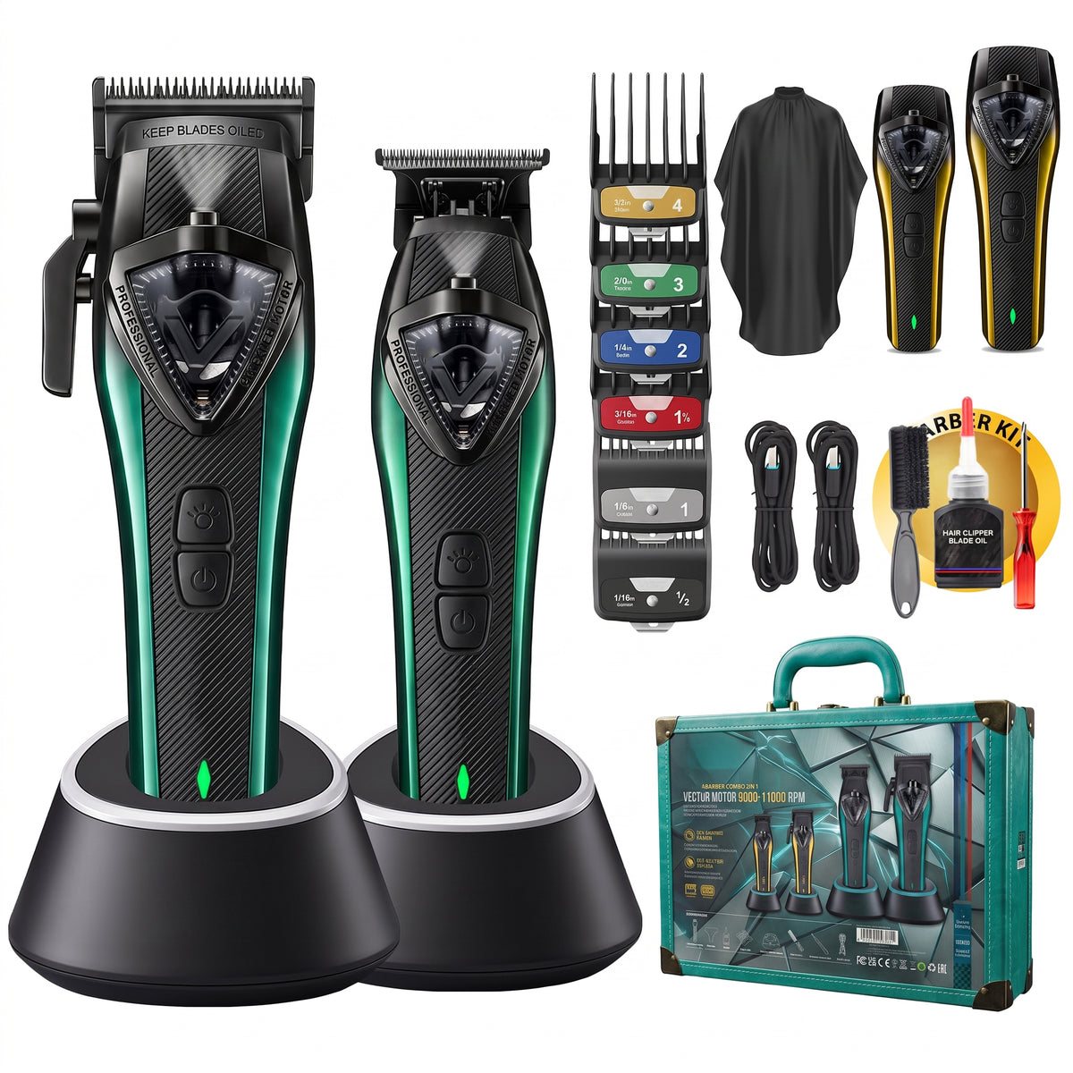 Professional Men Hair Clipper & Trimmer Kit | 11000RPM, Long‑Lasting Battery, Charging Base, Travel Case, DLC & Stainless Steel Blades