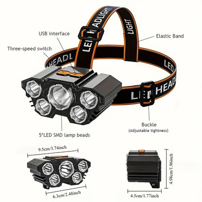 LEI ADIGHT 5-LED Rechargeable Headlamp - 5led Bright Power, 4 Modes, 492ft Visibility, 1200mAh, 118g Lightweight, Comfort Band, Adjustable, High Lumens Flashlight, Dual Light Combo - Outdoor Activities, Camping, Running