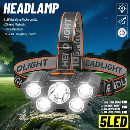 LEI ADIGHT 5-LED Rechargeable Headlamp - 5led Bright Power, 4 Modes, 492ft Visibility, 1200mAh, 118g Lightweight, Comfort Band, Adjustable, High Lumens Flashlight, Dual Light Combo - Outdoor Activities, Camping, Running