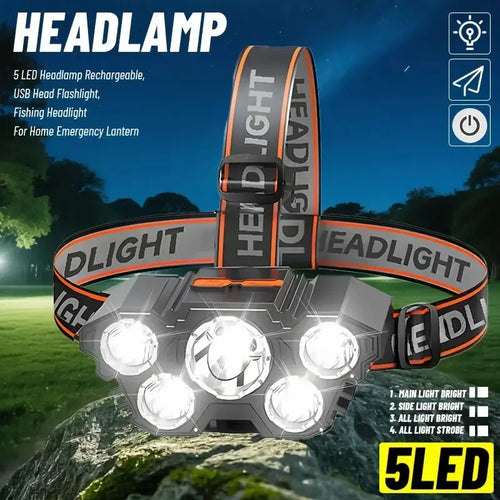 LEI ADIGHT 5-LED Rechargeable Headlamp - 5led Bright Power, 4 Modes, 492ft Visibility, 1200mAh, 118g Lightweight, Comfort Band, Adjustable, High Lumens Flashlight, Dual Light Combo - Outdoor Activities, Camping, Running
