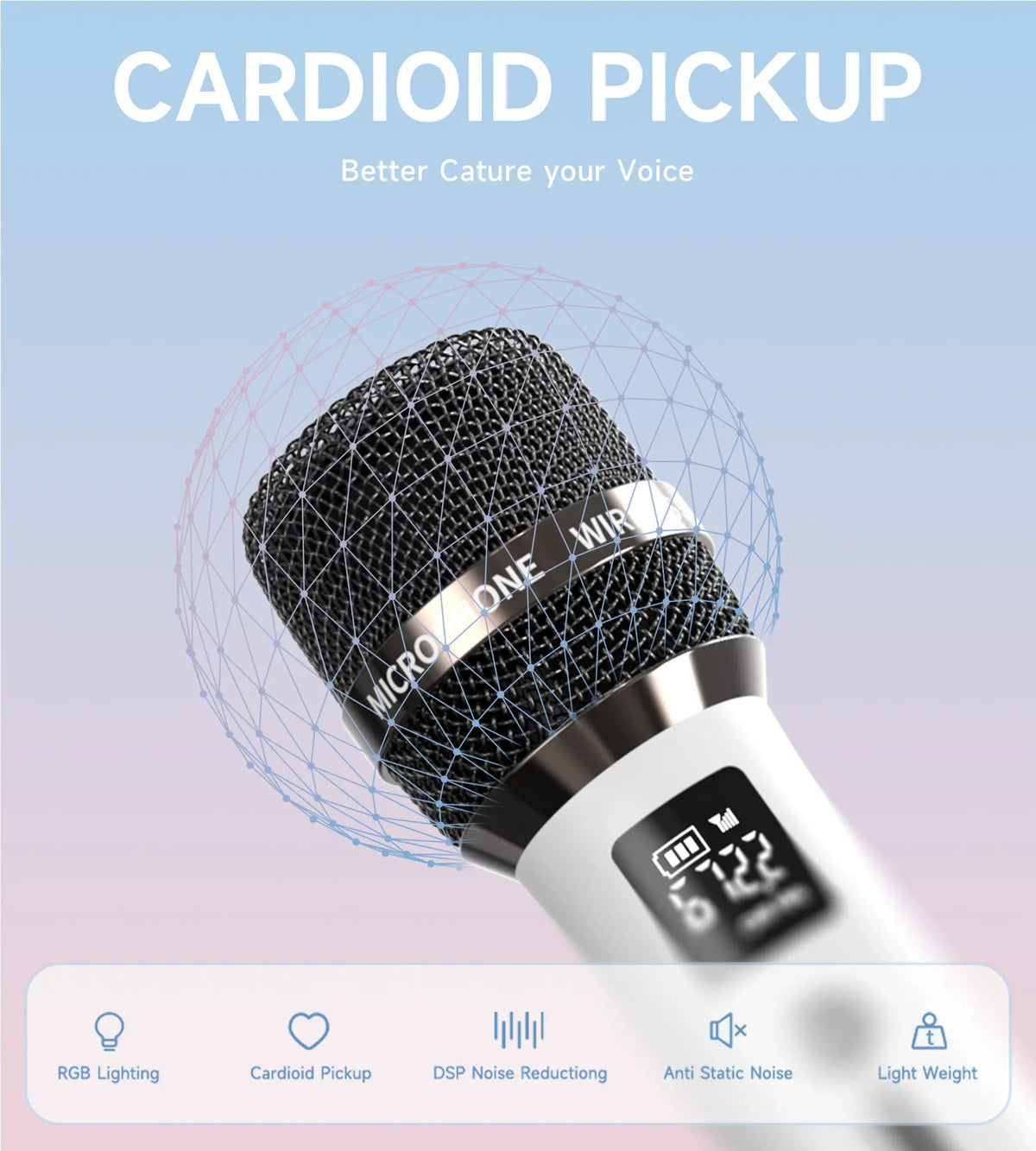 Wireless Dual Microphones with LED Lights, 200 ft Transmission Range